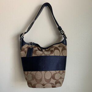 Coach Navy and Tanned Monogram Bucket Style Shoulder Bag Convertible to Crossbod